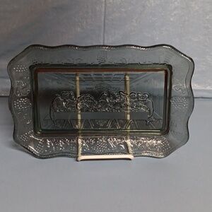 Vintage The Last Supper Smoky Topaz Gray Glass Tray Plate Trim W/grapes
